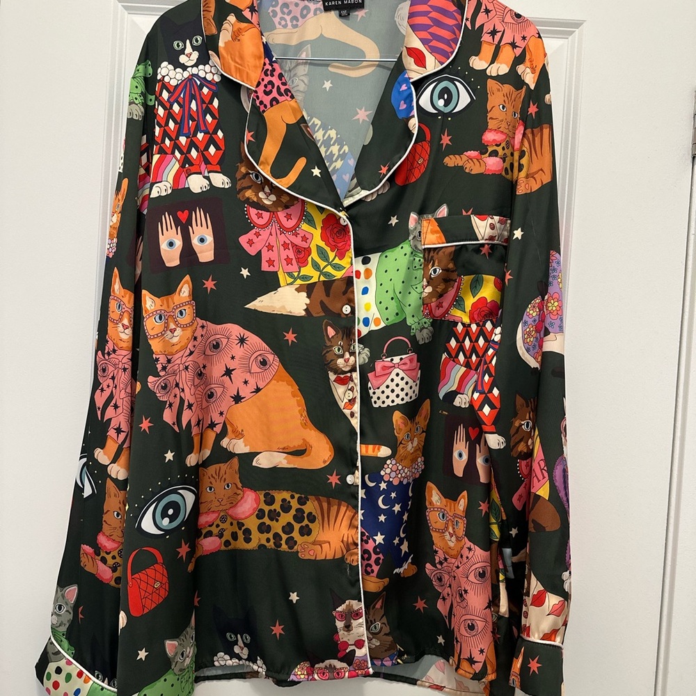 Colorful Cat Print Satin Pajama Top